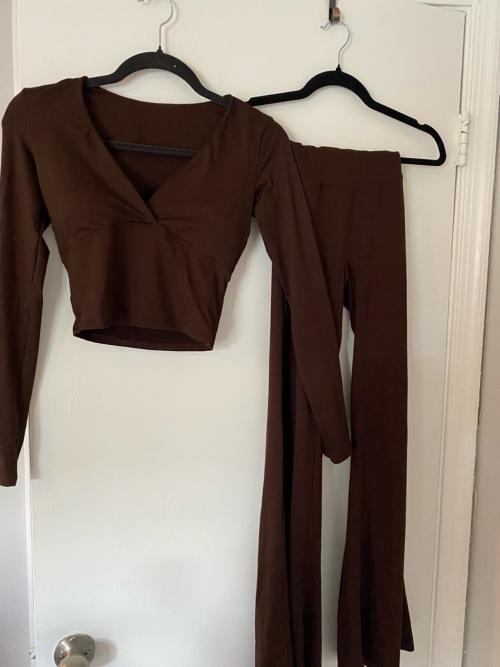 Amazon Brown Women's V-Neck Crop Top & Flared Pants Set